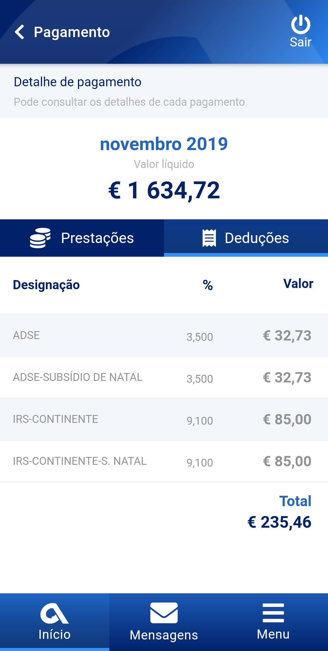 App CGA Directa ecrã de detalhes de pagamento de deduções slide 7 de 14