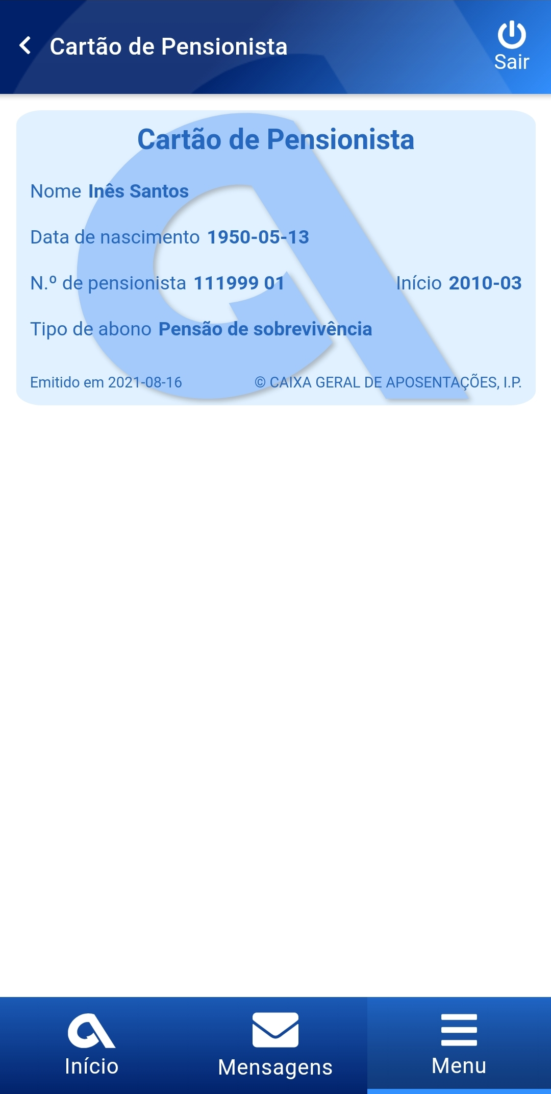 App CGA Directa ecrã de cartão de pensionsta slide 13 de 14